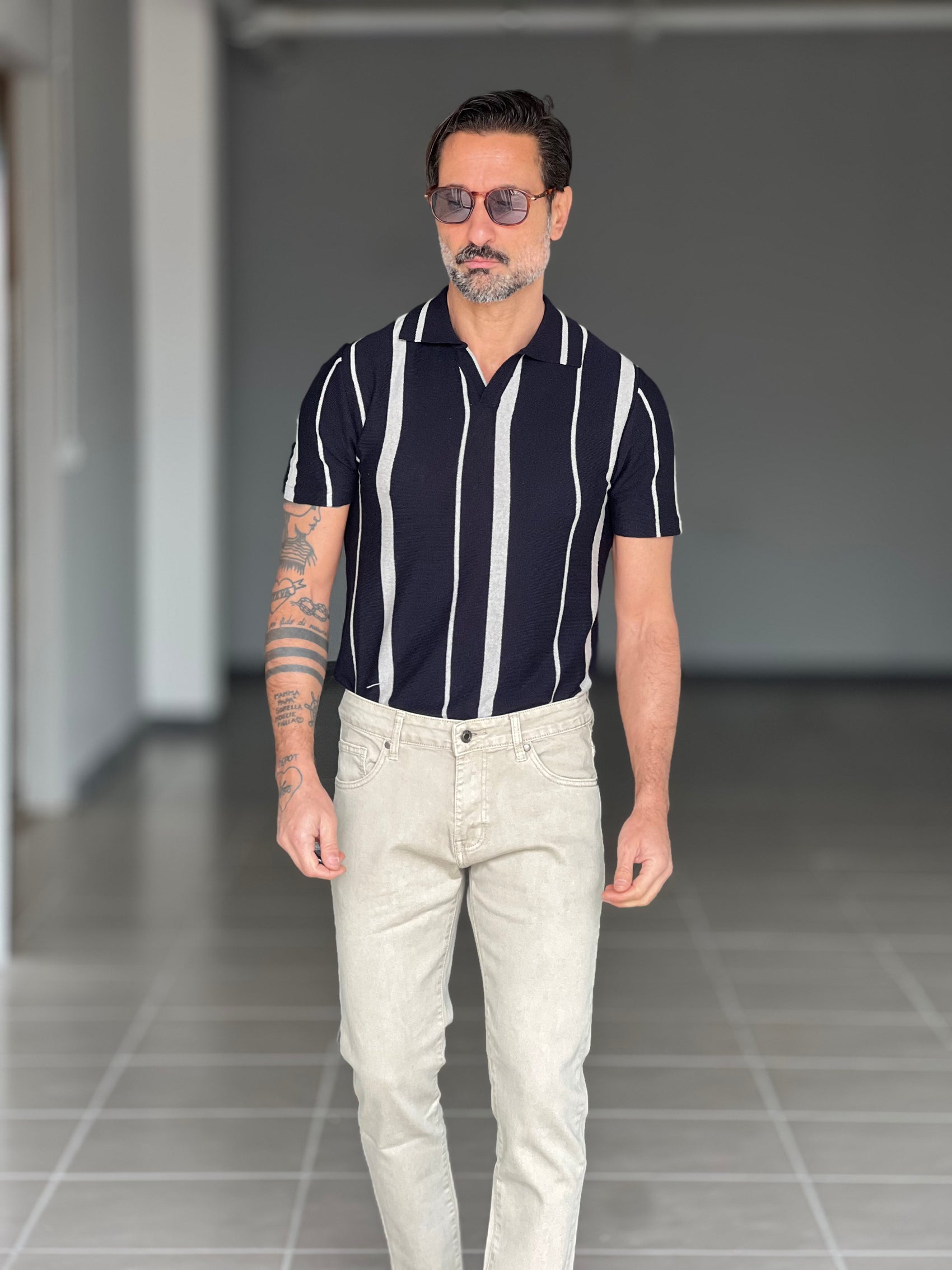 POLO BLU MISTO LINO BICOLORE