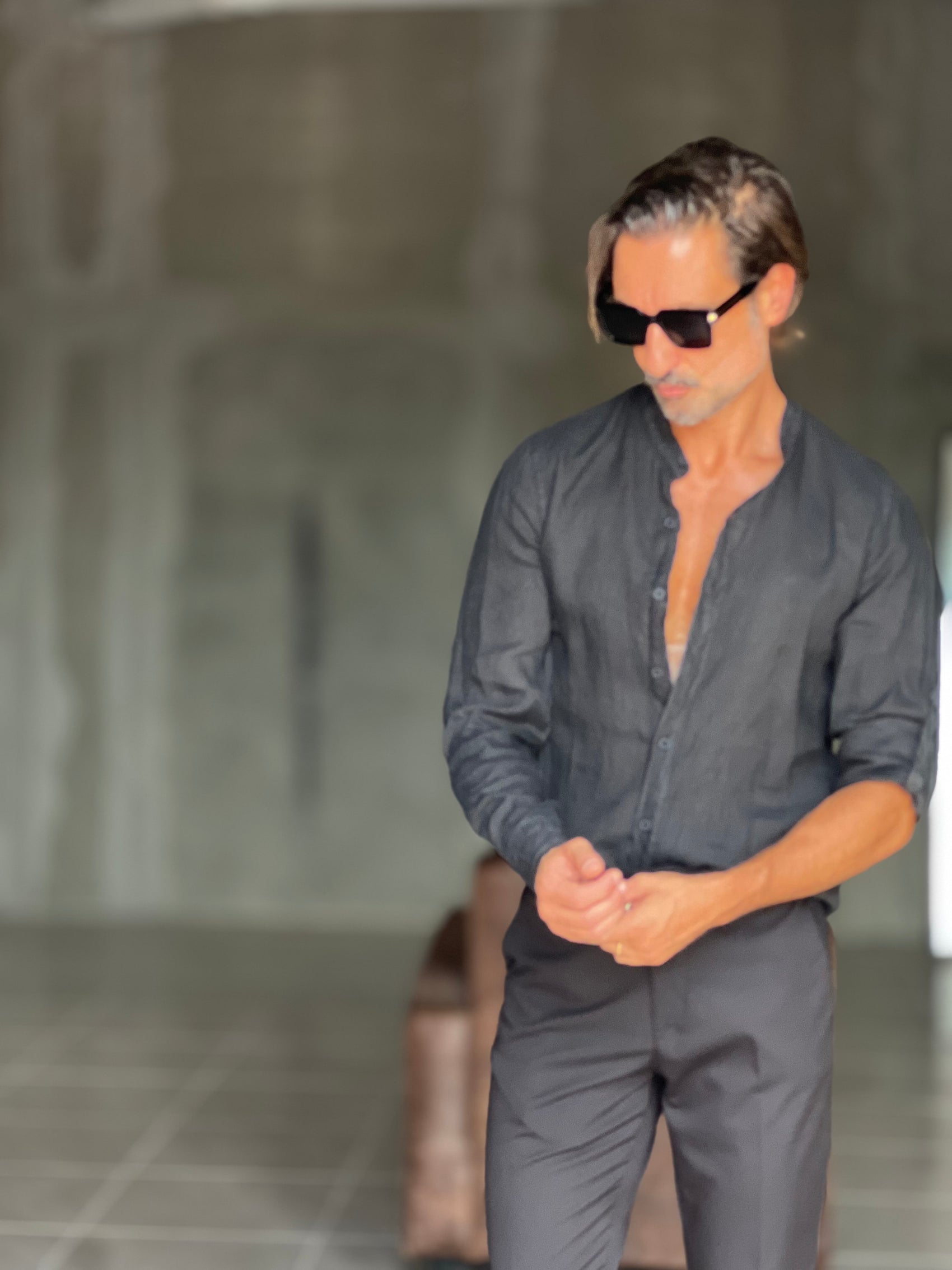 CAMICIA COREANA NERA  LINO