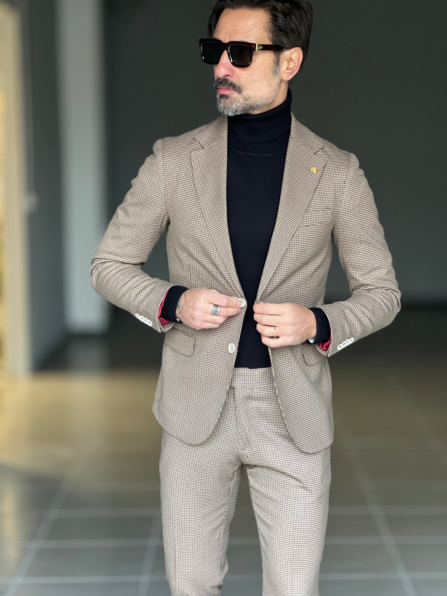 ABITO PIE DE POULE FONDO BEIGE PUNTO MILANO