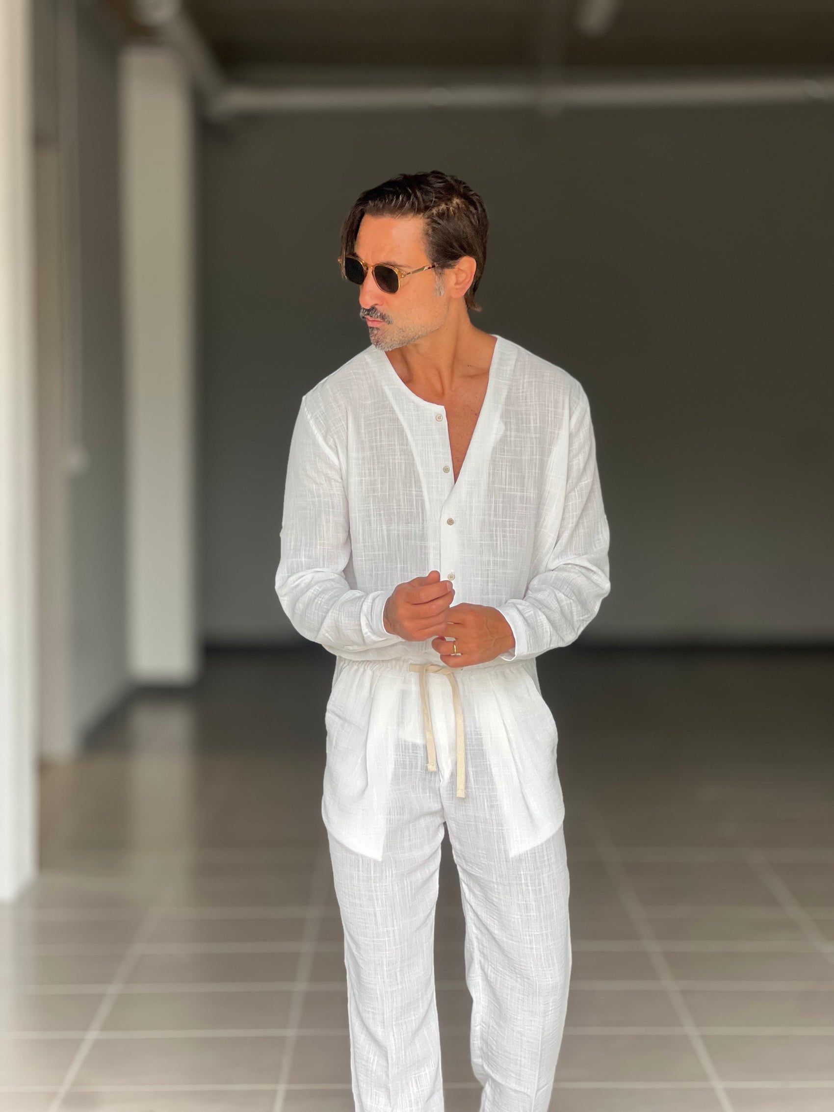 COORDINATO CAMICIA  PANTALACCIO BIANCO COREANA GIROCOLLO COTENE VISCOSA EFFETTO LINO. 00201