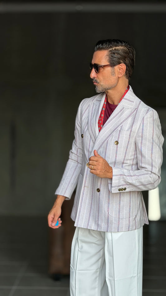 GIACCA DOPPIOPETTO BEIGE GESSATA BORDEAUX COTONE