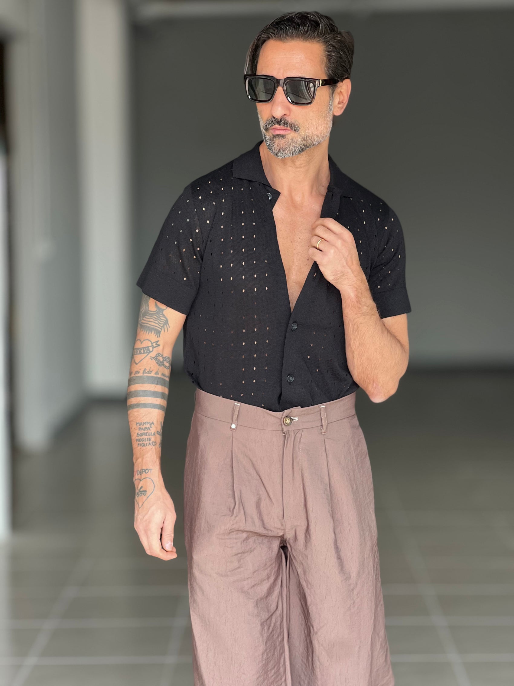 POLO CAMICIA NERA TRAMATURA FORATA BL11