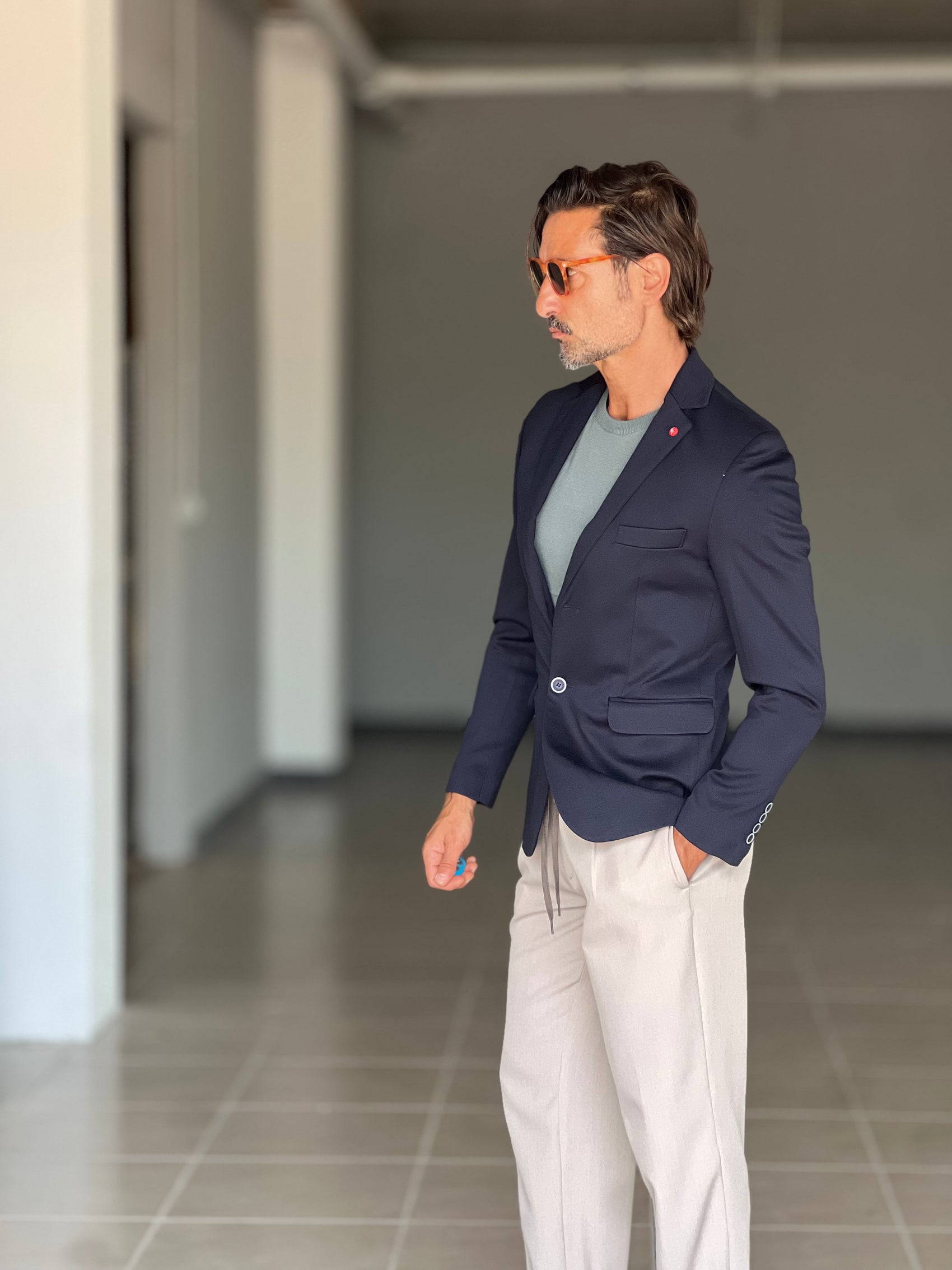 GIACCA MONOPETTO BLU TESSUTO RIGATO STRECH