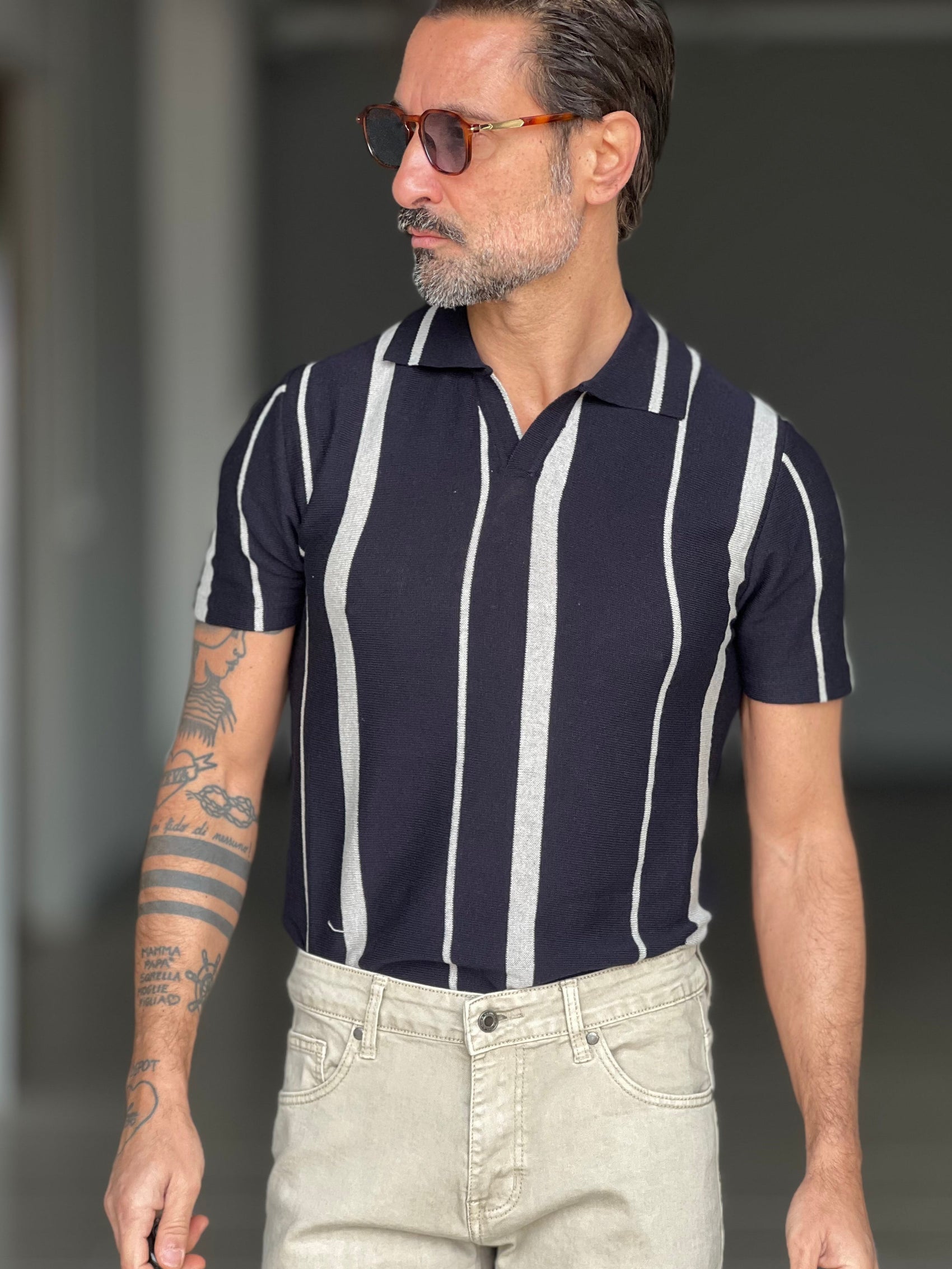 POLO BLU MISTO LINO BICOLORE