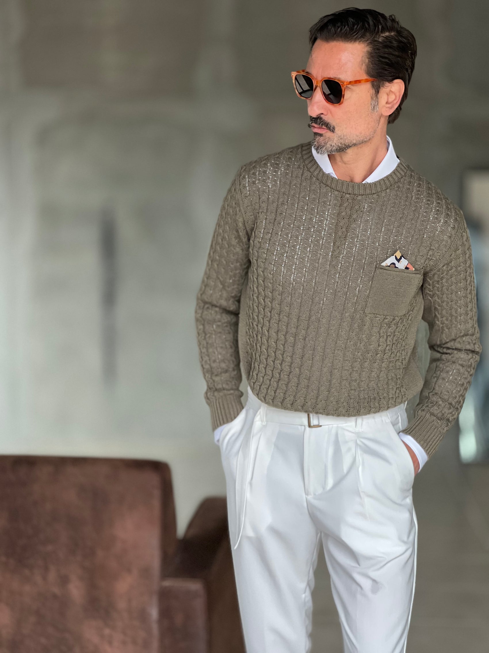 MAGLIA SALVIA  TRECCIA COTONE TASCHINO