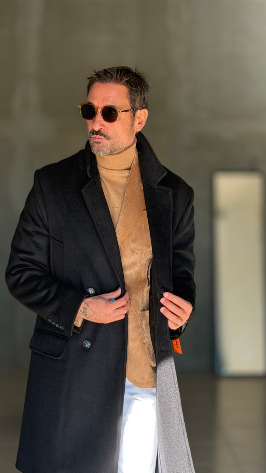 CAPPOTTO NERO DOPPIPETTO OVER FIT EFFETTO PANNO VISCOSA E MISTI TELAMIRA