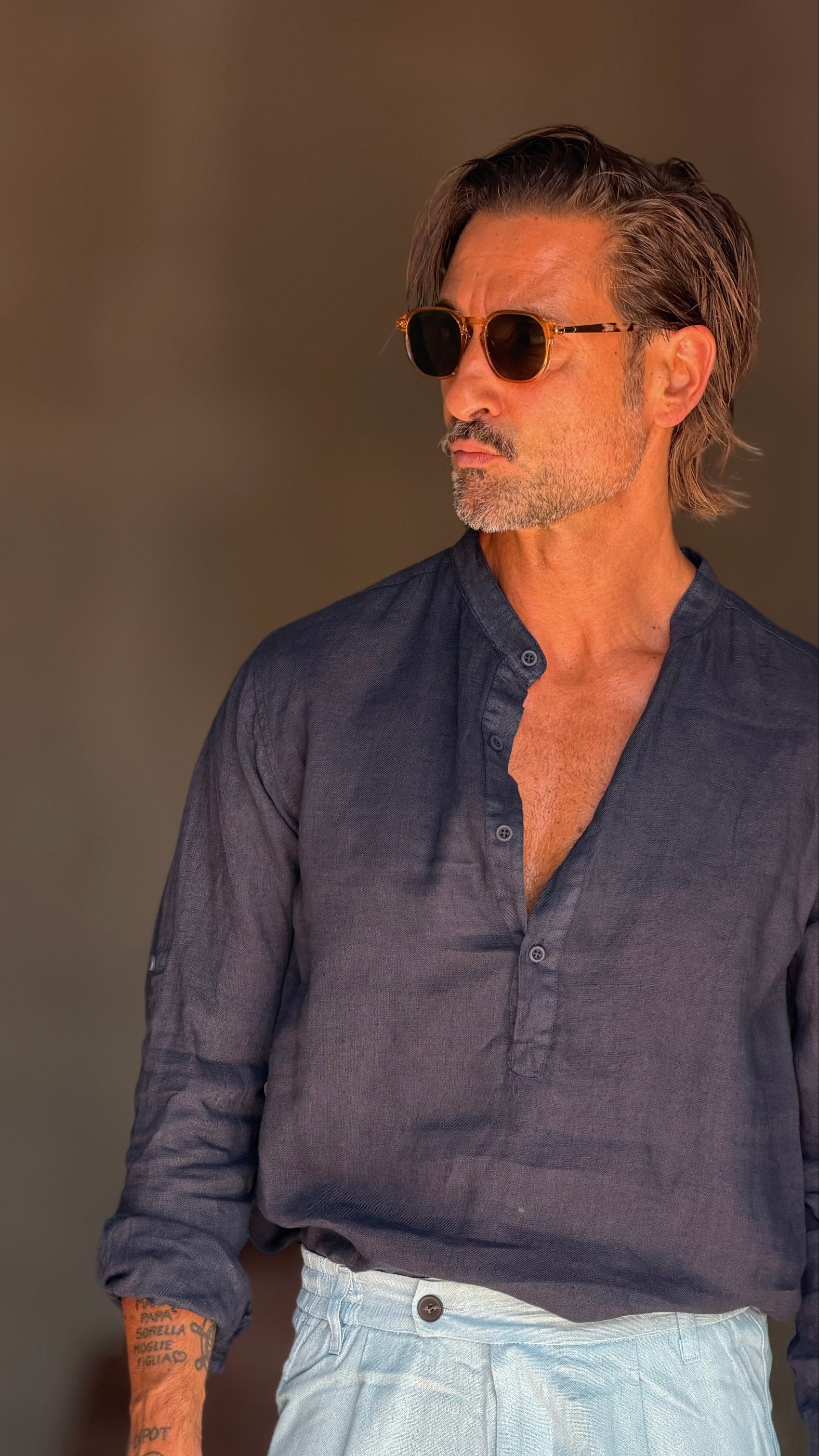 CAMICIA  SERAFINO BLU LINO PURO