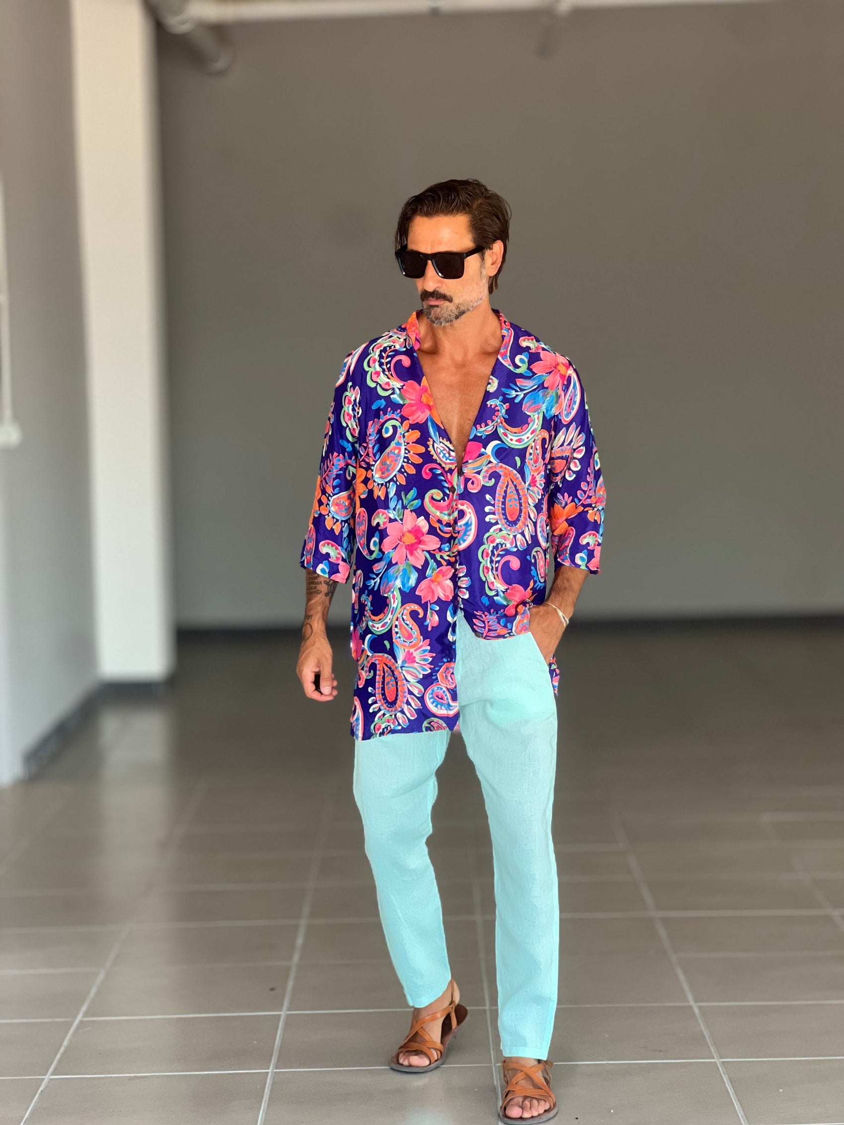 PANTALONE ESTIVO VERDE ACQUA LINO GARZATO