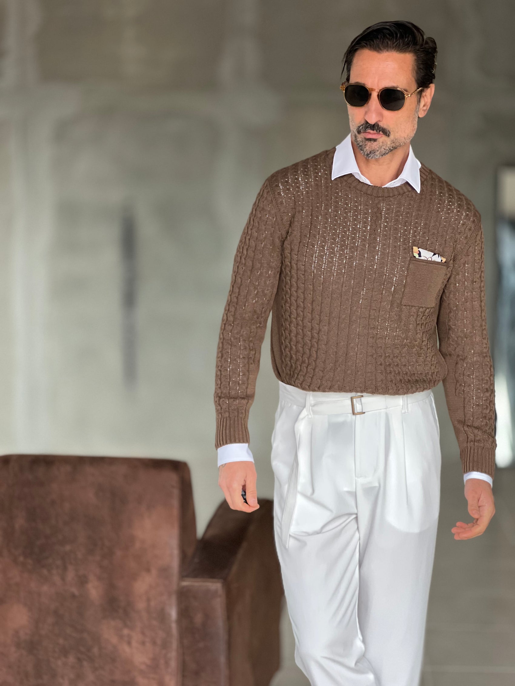 MAGLIA  MORO  TRECCIA COTONE TASCHINO