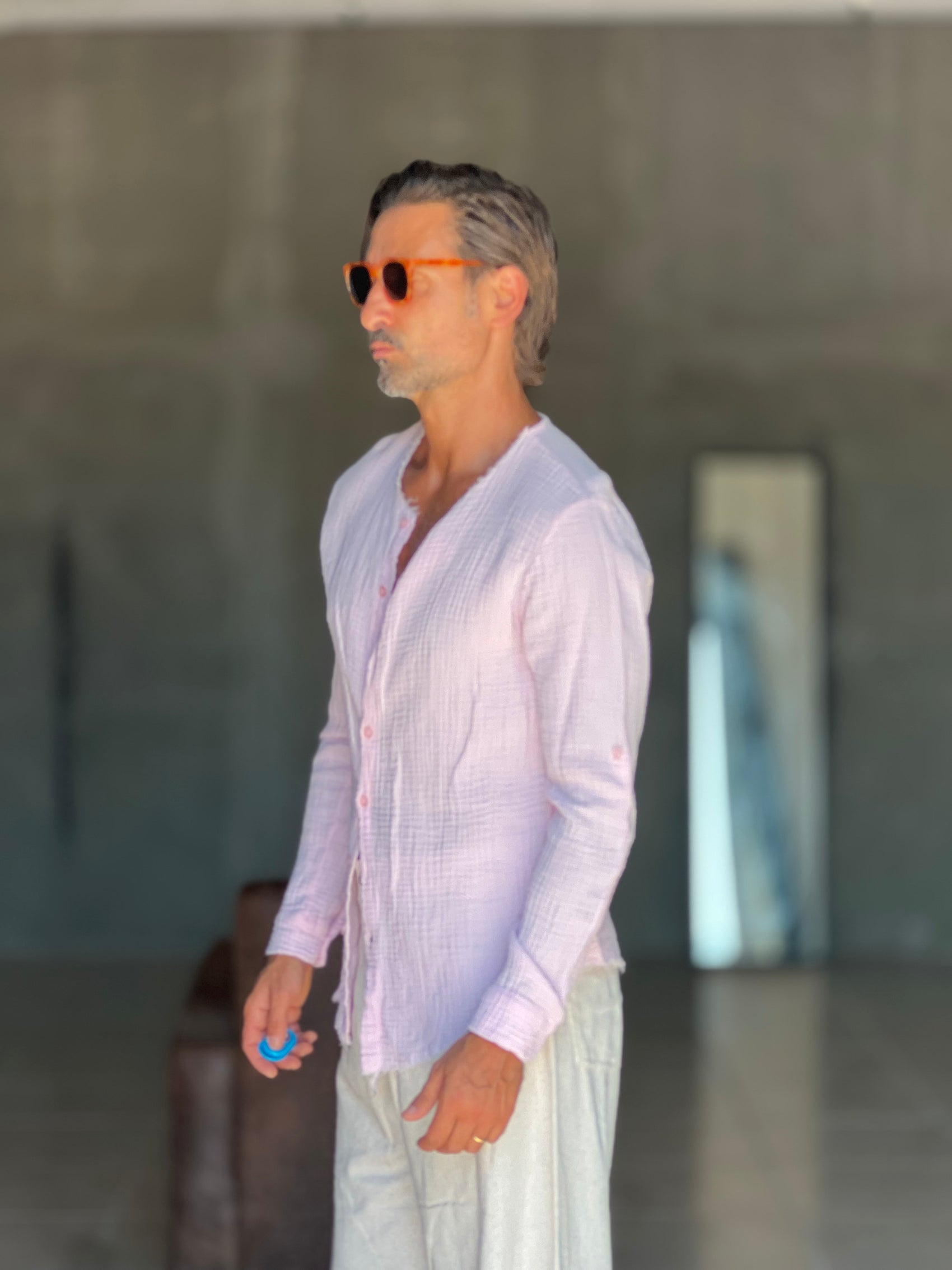 CAMICIA COREANA ROSA GOFFRATA COTONE  EFFETTO LINO 278