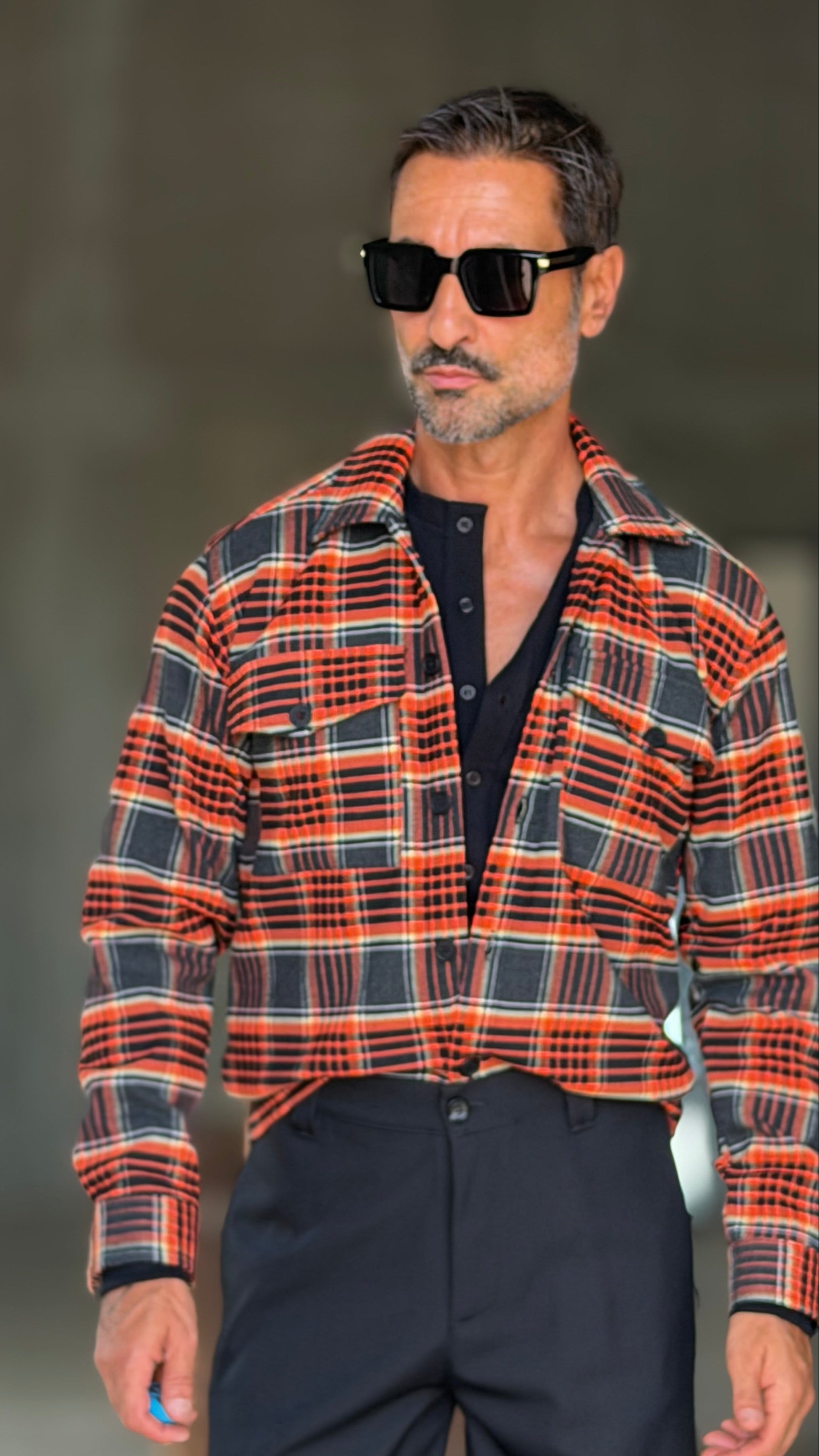 CAMICIA  FLANELLA QUADRO ARANCIO NERO STAMPA SPALLE