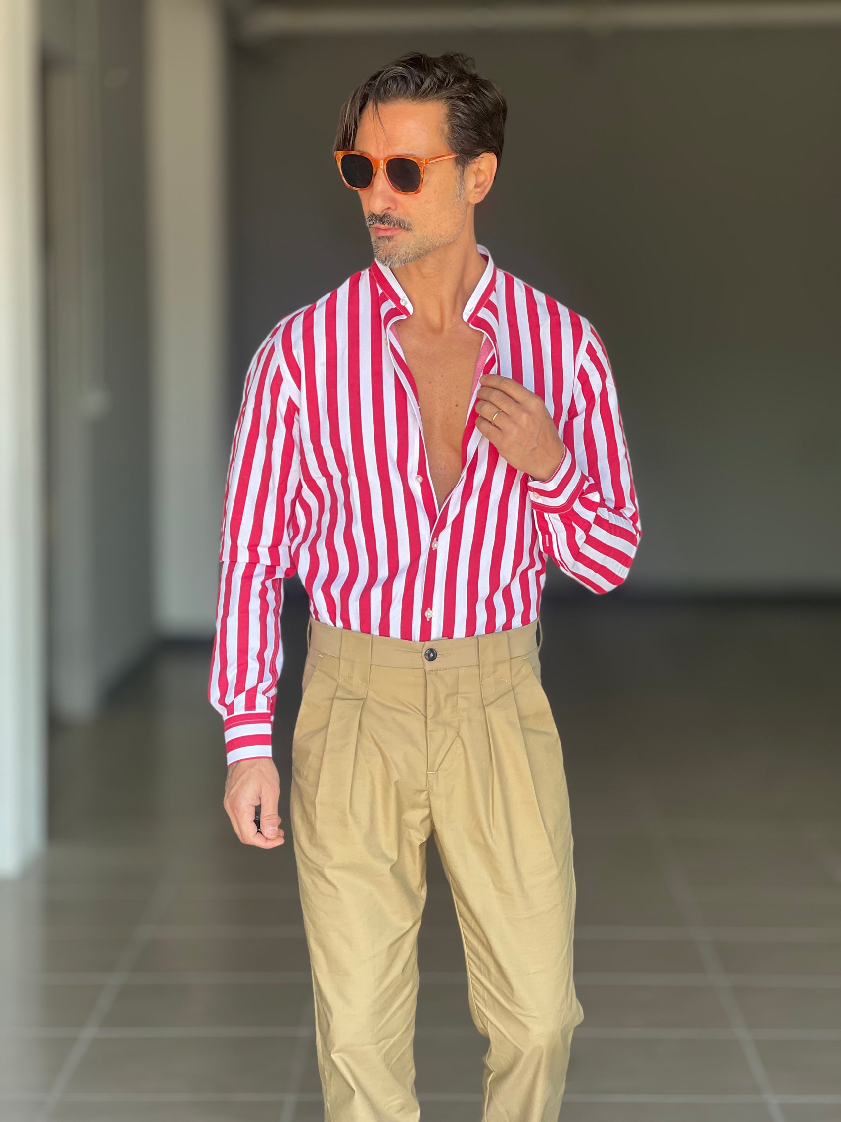 CAMICIA BIANCA E ROSSA  COREANA   POPELINE DI COTONE STRECH