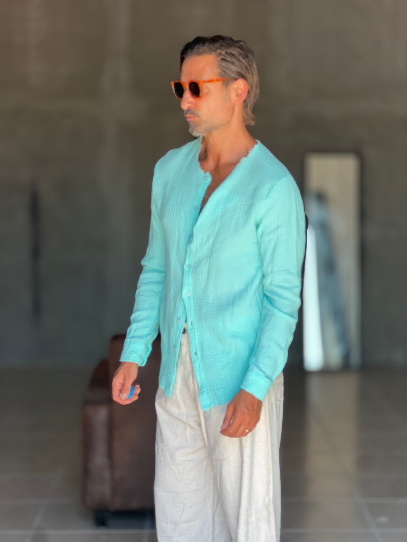 CAMICIA COREANA VERDE ACQUA GOFFRATA COTONE  EFFETTO LINO 278
