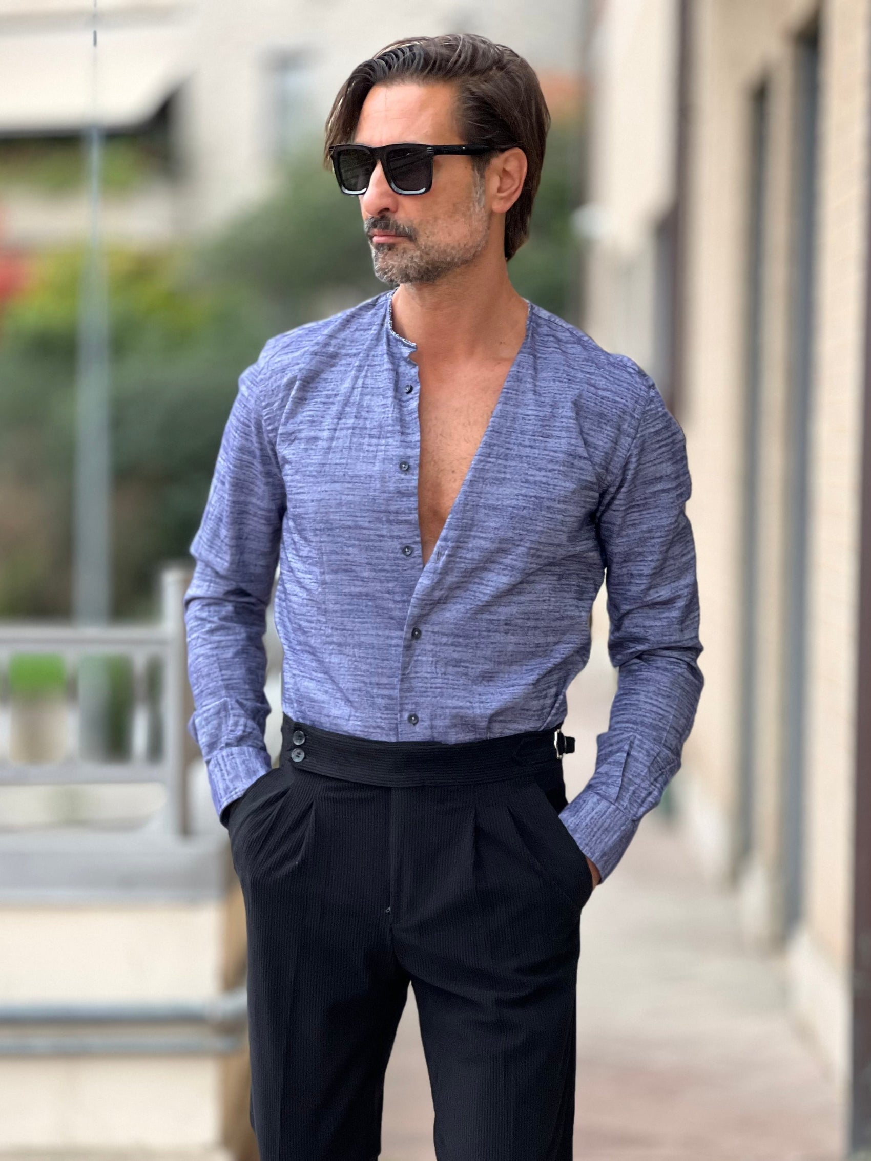 CAMICIA  DEPOT MELANGE BLU E CELESTE COREANA TAGLIO VIVO