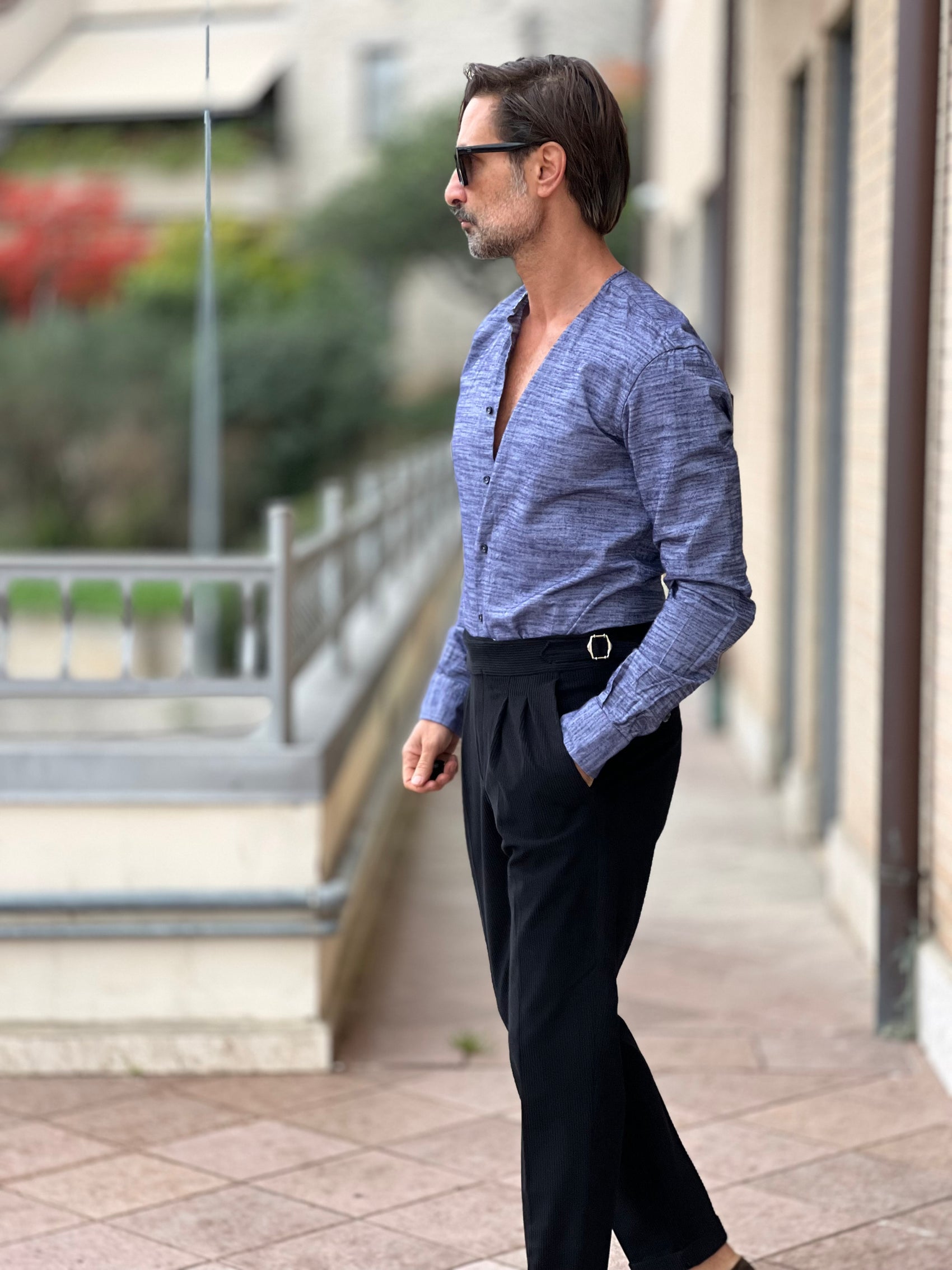 CAMICIA  DEPOT MELANGE BLU E CELESTE COREANA TAGLIO VIVO