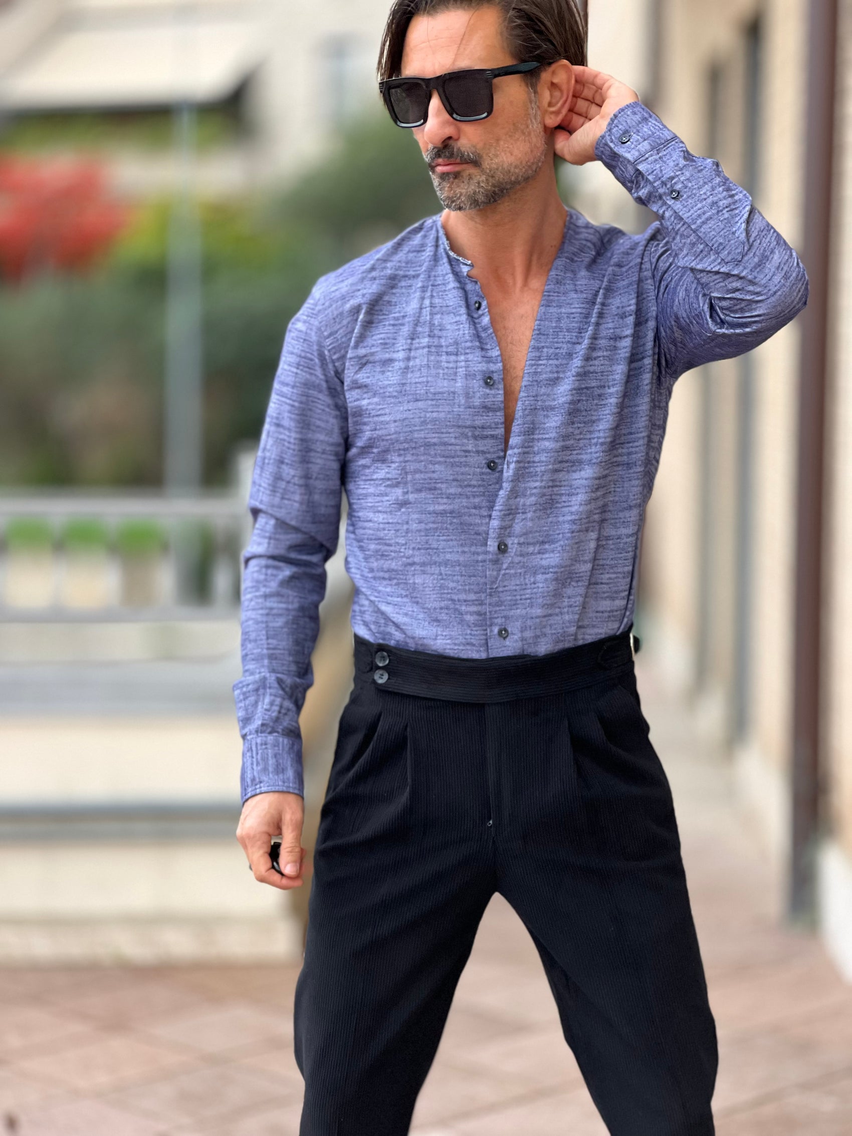 CAMICIA  DEPOT MELANGE BLU E CELESTE COREANA TAGLIO VIVO