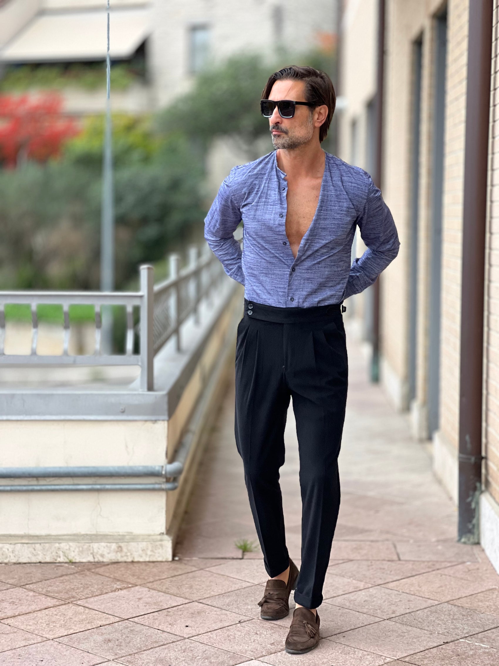 CAMICIA  DEPOT MELANGE BLU E CELESTE COREANA TAGLIO VIVO