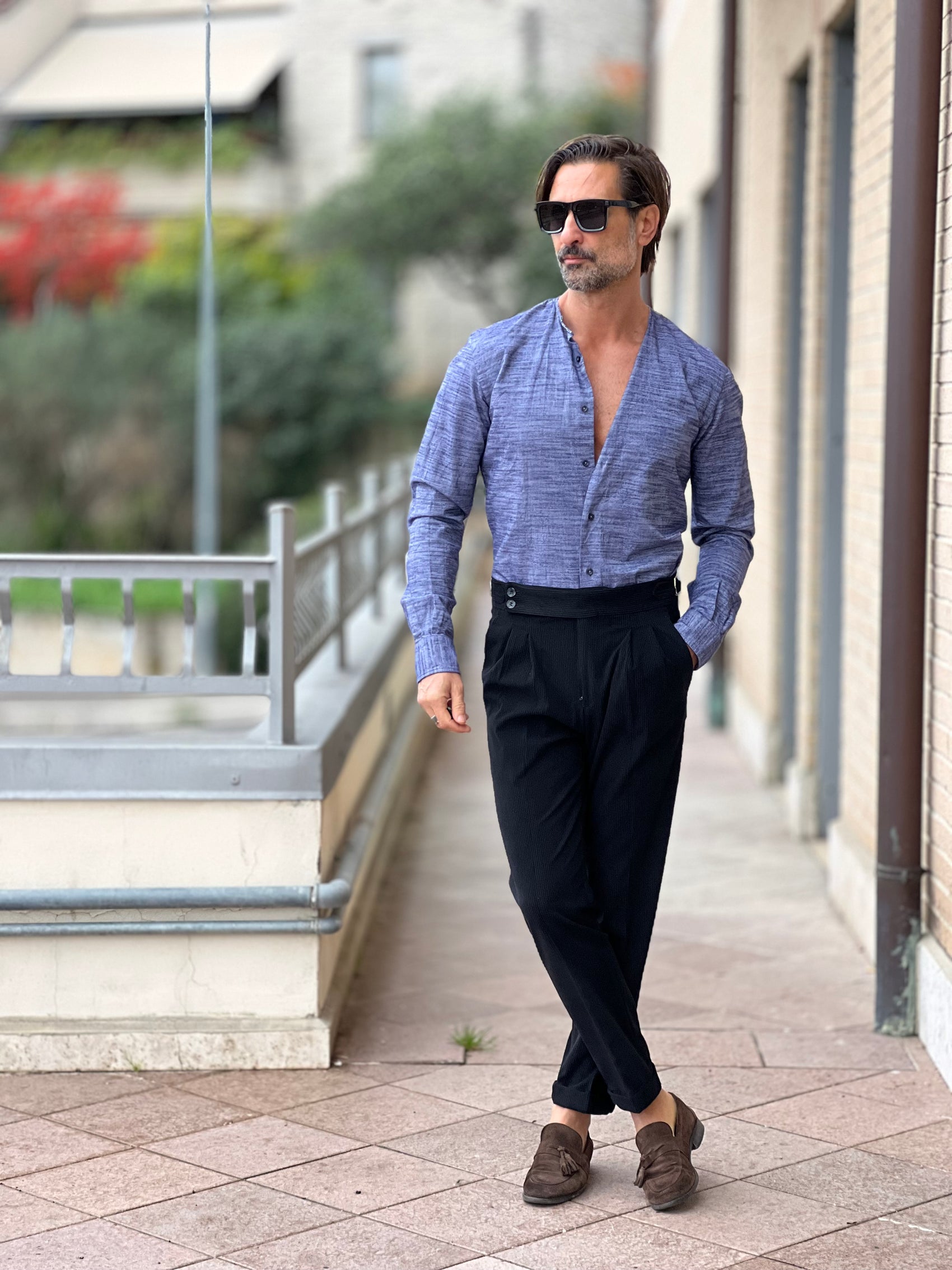 CAMICIA  DEPOT MELANGE BLU E CELESTE COREANA TAGLIO VIVO