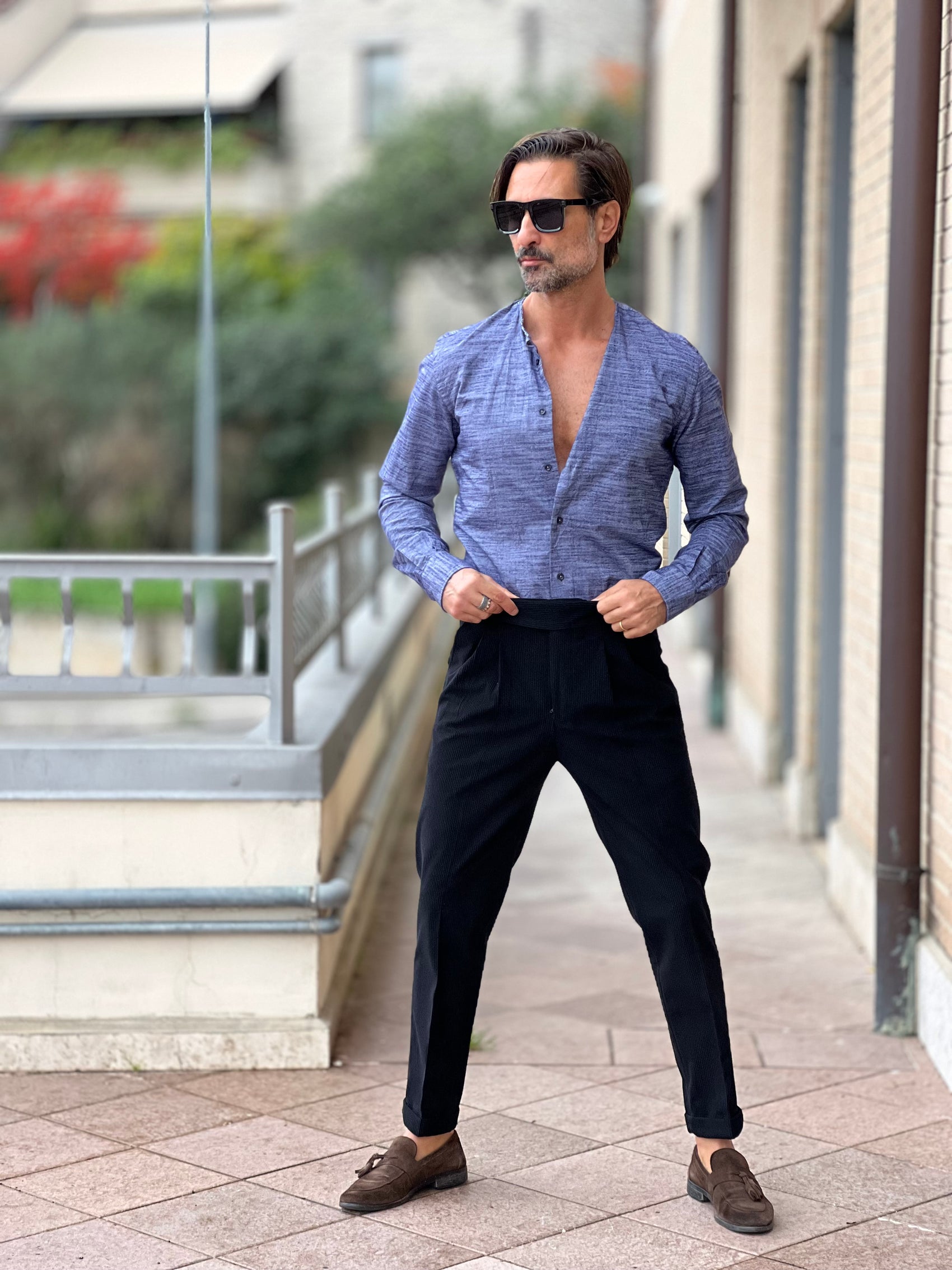 CAMICIA  DEPOT MELANGE BLU E CELESTE COREANA TAGLIO VIVO