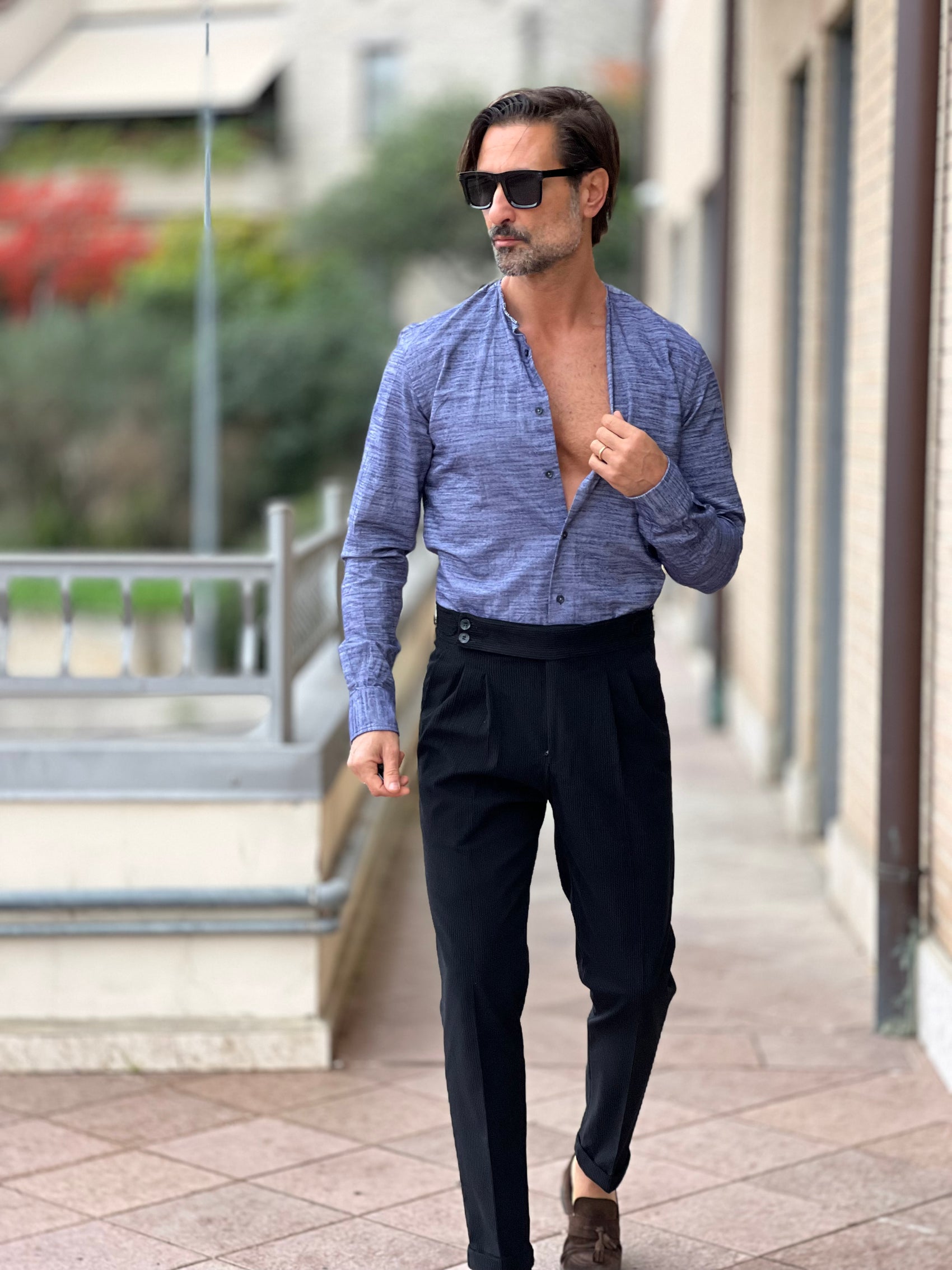 CAMICIA  DEPOT MELANGE BLU E CELESTE COREANA TAGLIO VIVO