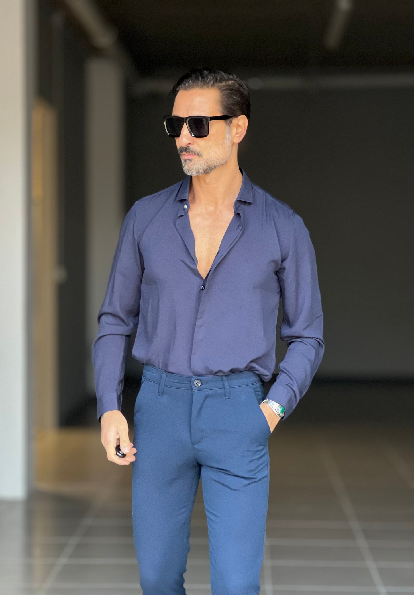 CAMICIA VISCOSA  BLU  COLLO PICCOLO