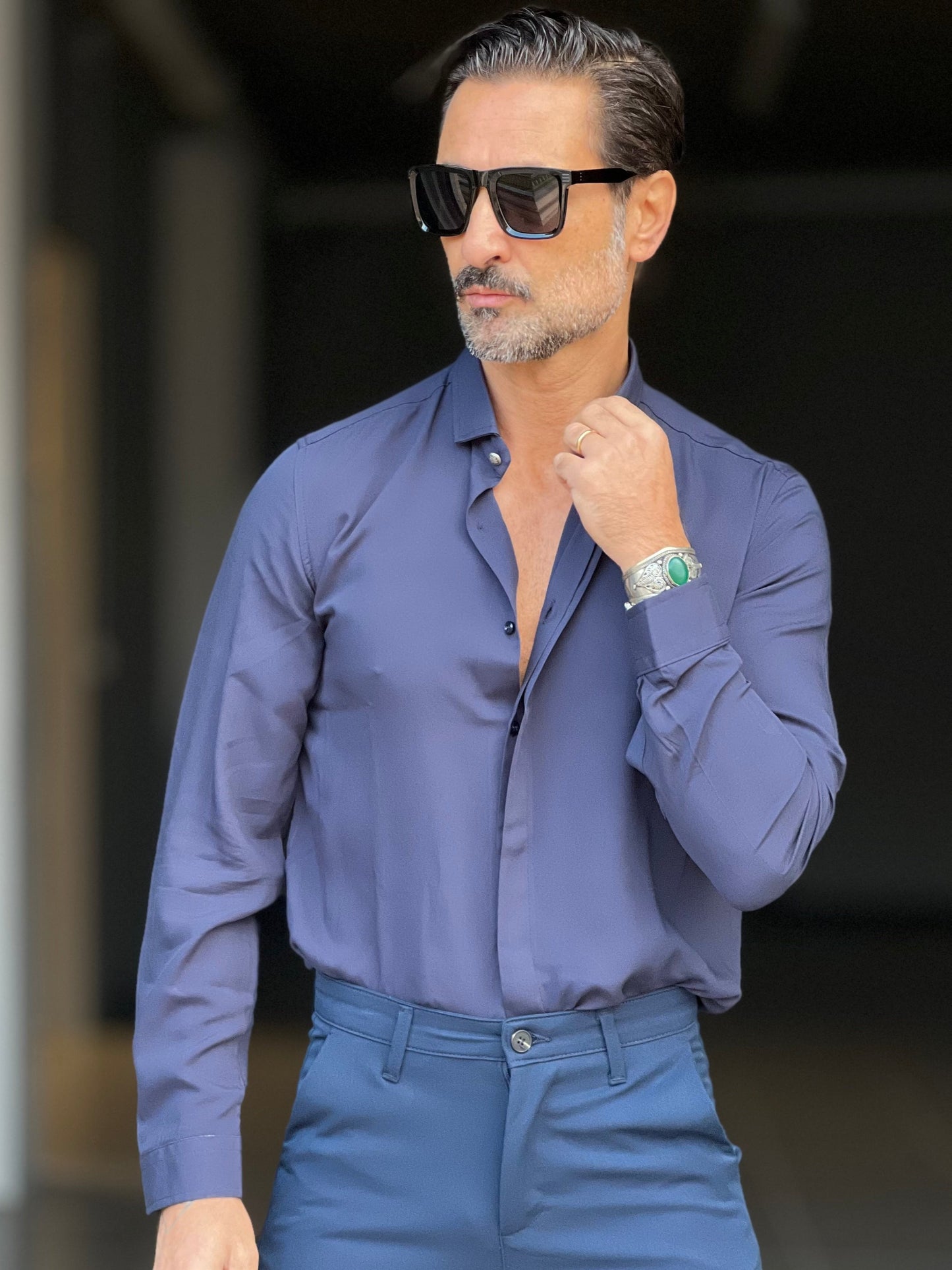 CAMICIA VISCOSA  BLU  COLLO PICCOLO