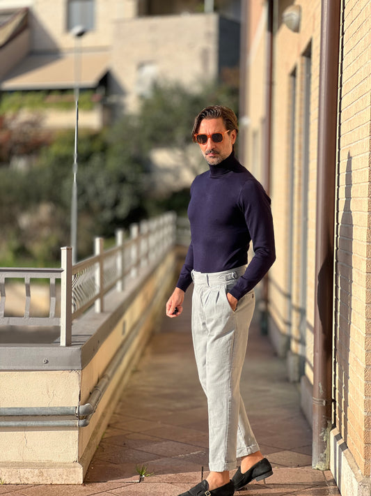 PANTALONE BULL DI COTONE  GRIGIO VITA ALTA  ALLACCIATURA LATERALE