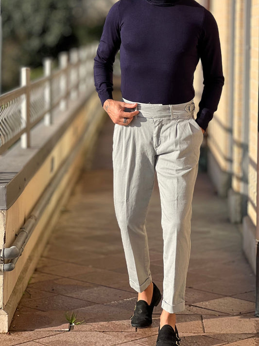 PANTALONE BULL DI COTONE  GRIGIO VITA ALTA  ALLACCIATURA LATERALE