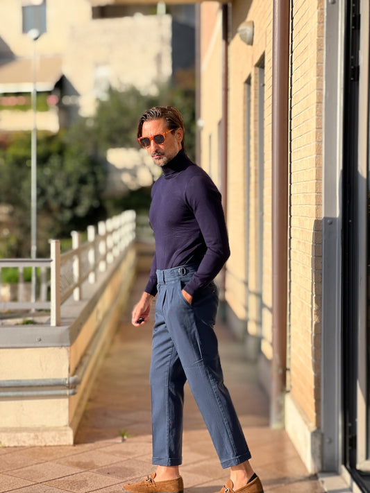 PANTALONE BULL DI COTONE  BLU  VITA ALTA  ALLACCIATURA LATERALE