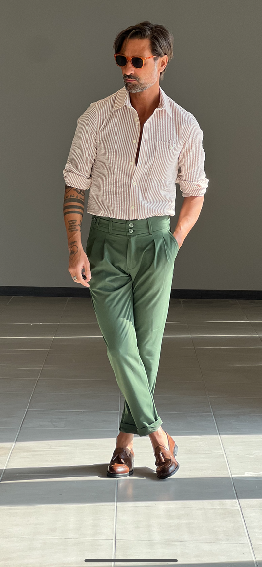 GREEN PLEATED TROUSERS WITH SIDE BUTTONING