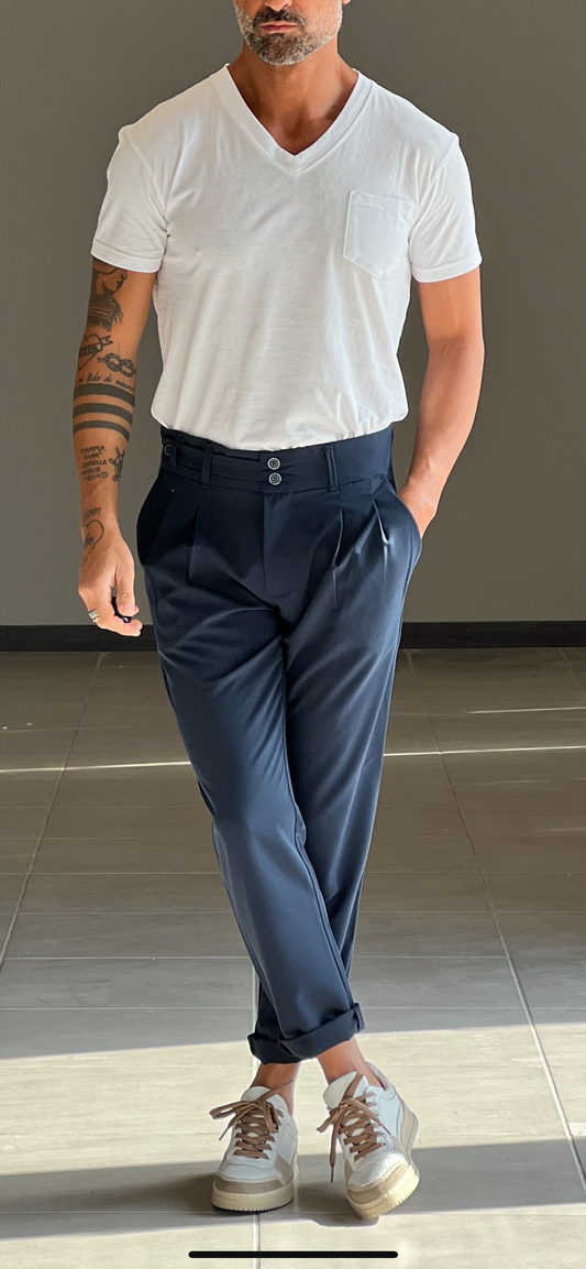 BLUE PLEATED TROUSERS WITH SIDE BUTTONING