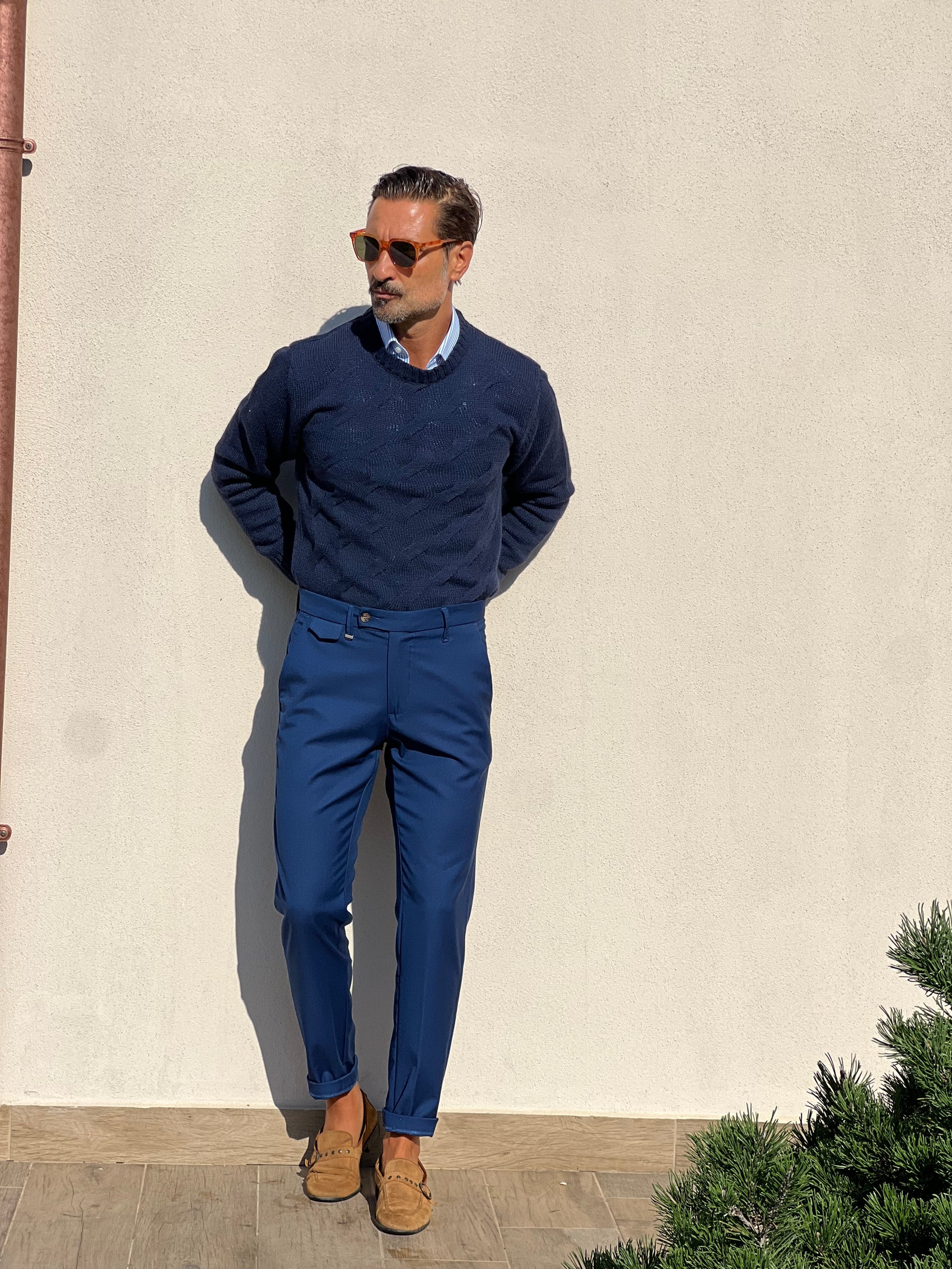 MAGLIA BLU LANA E MISTI TRECCIA ALTATENSIONE