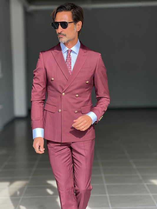 BORDEAUX DOUBLE-BREASTED SUIT WITH VISCOSE METAL BUTTON