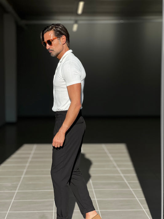 BLACK TROUSERS WITH DARTS AND SIDE BUTTONING