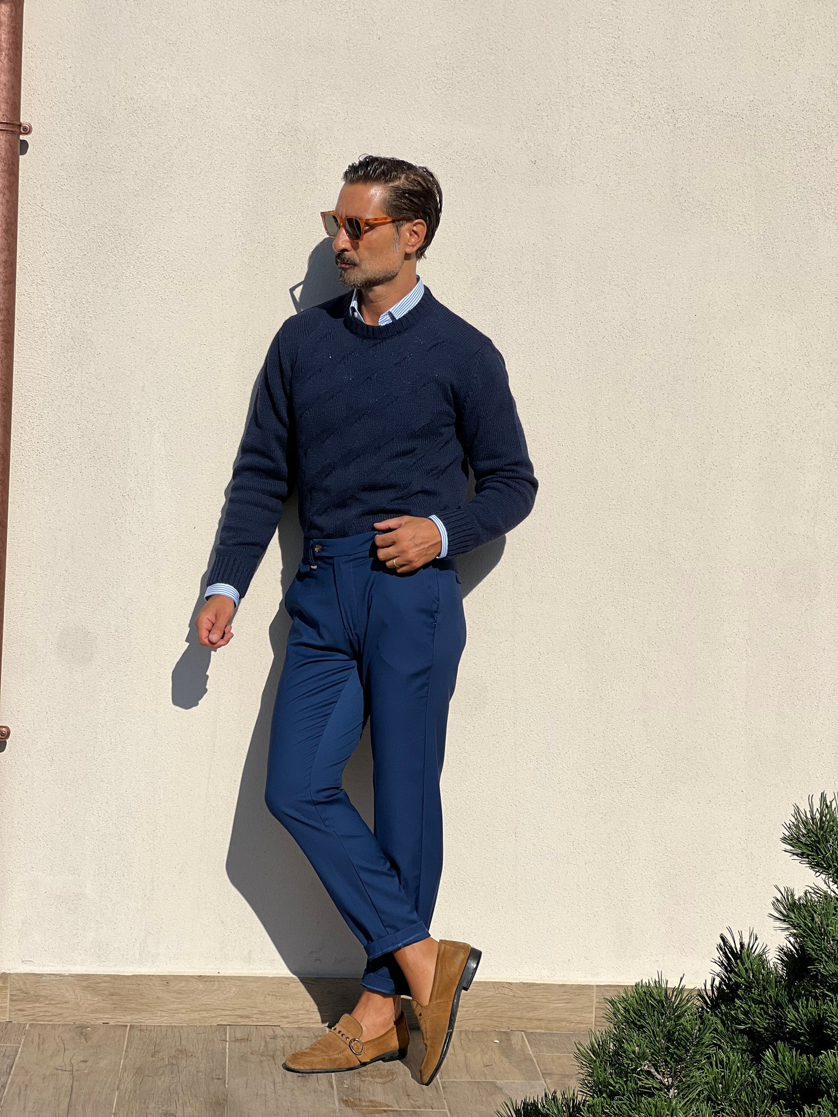 MAGLIA BLU LANA E MISTI TRECCIA ALTATENSIONE