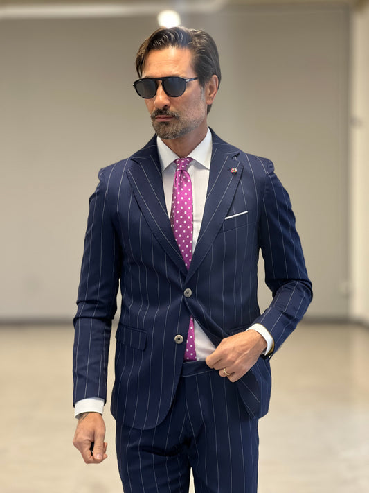 BLUE VISCOSE SINGLE-BREASTED PINSTRIPE SUIT
