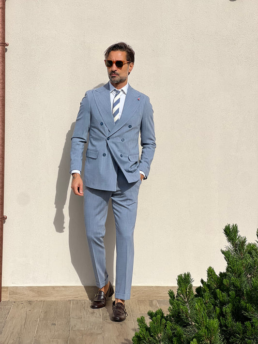 DOUBLE-BREASTED BLUE VISCOSE FLAMED SUIT