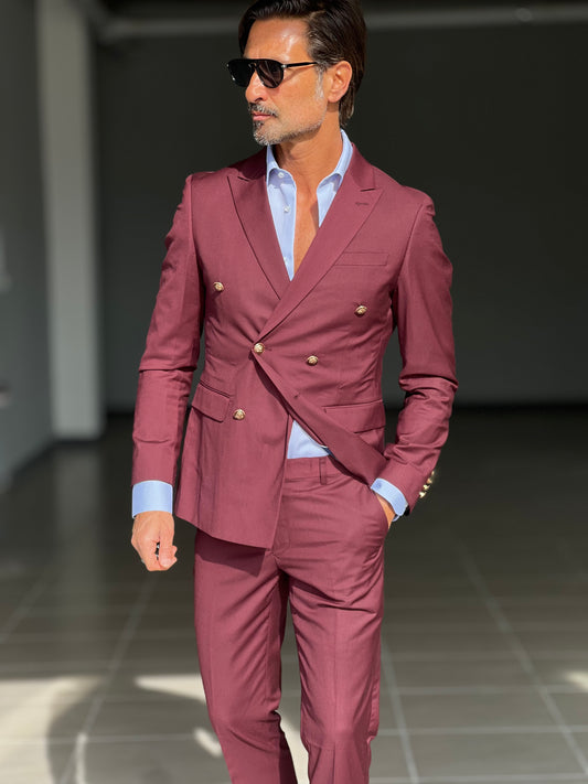 BORDEAUX DOUBLE-BREASTED SUIT WITH VISCOSE METAL BUTTON