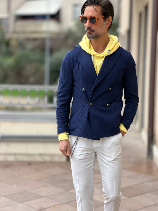 BLUE DOUBLE-BREASTED SWEATER JACKET WITH METAL BUTTON