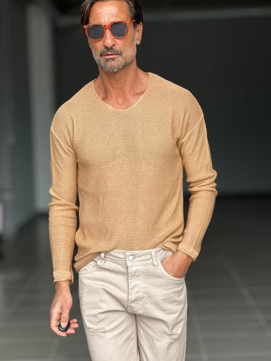 COTTON CAMEL THREAD SWEATER WITH BOAT NECK