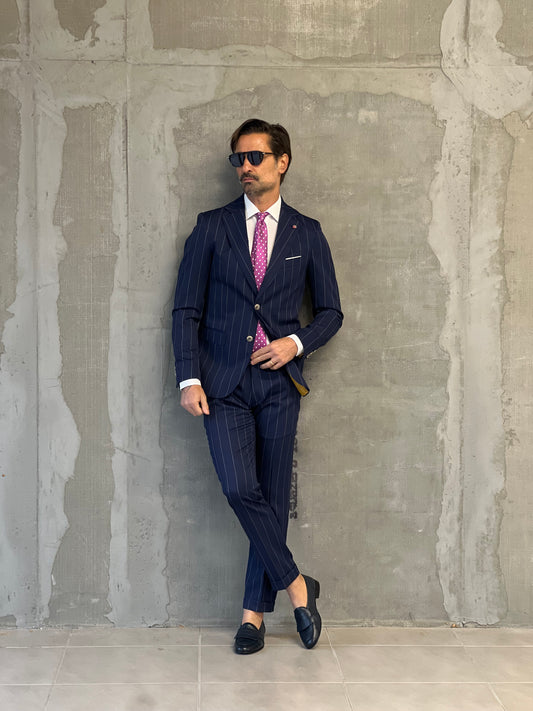 BLUE VISCOSE SINGLE-BREASTED PINSTRIPE SUIT