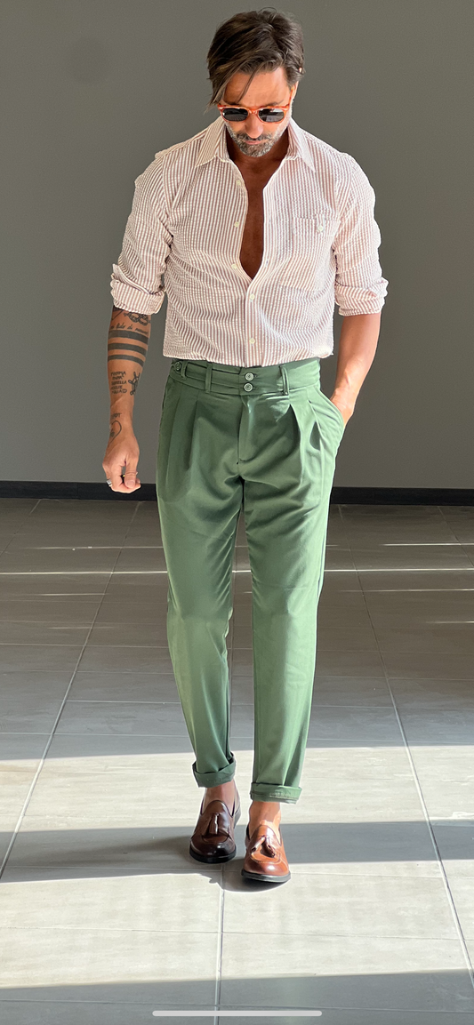 GREEN PLEATED TROUSERS WITH SIDE BUTTONING