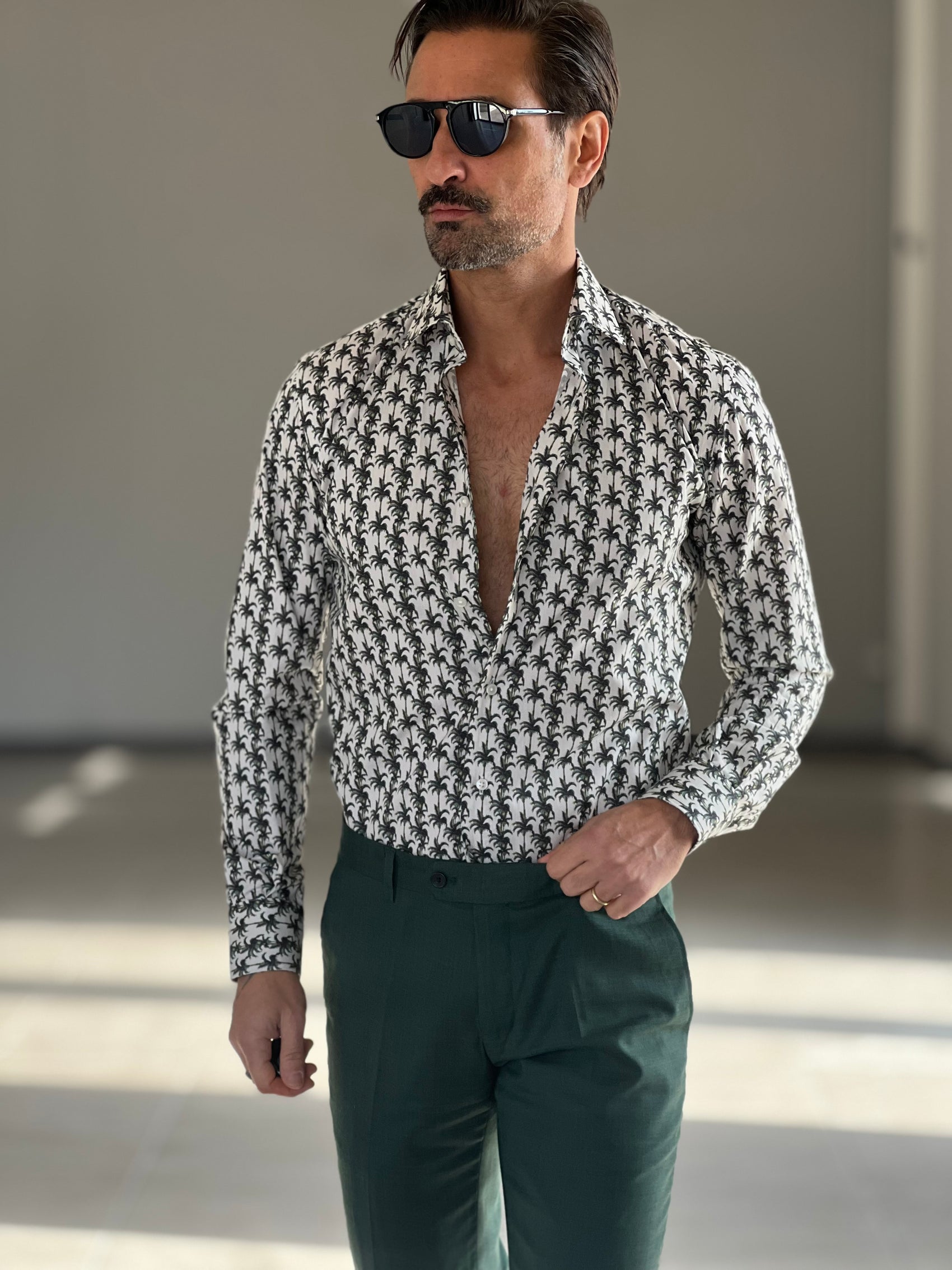 CAMICIA PALME VERDI COTONE DOPPIO RITORTO