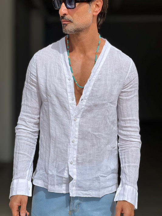 KOON WHITE WASHED LINEN SHIRT WITH V-NECK