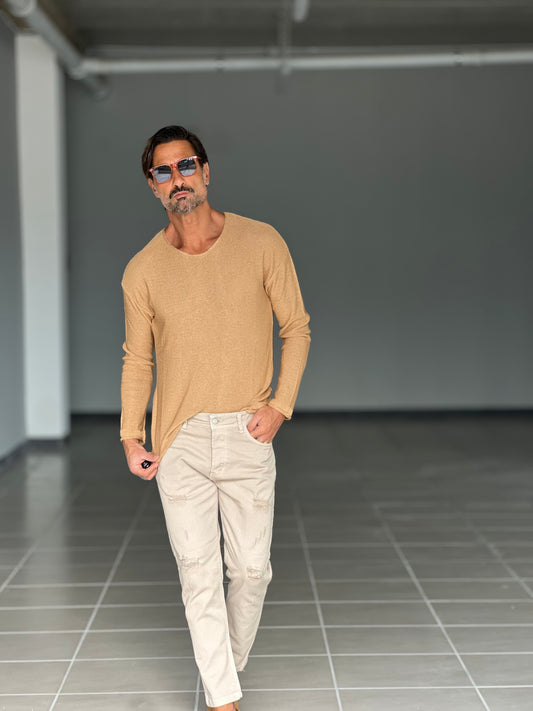 COTTON CAMEL THREAD SWEATER WITH BOAT NECK