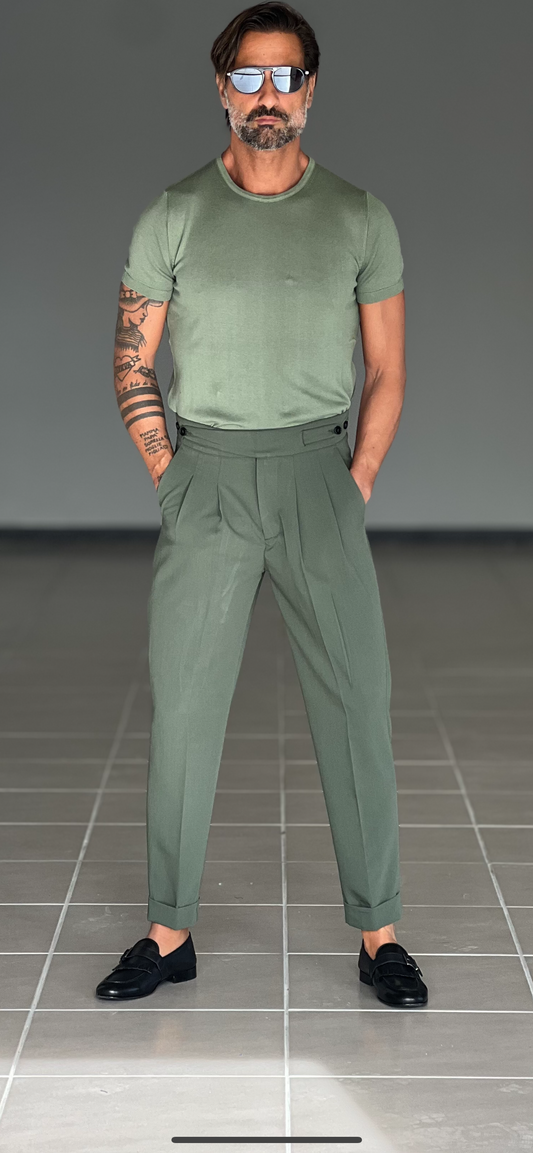 HIGH WAIST VISCOSE GREEN TROUSERS WITH SIDE LACING