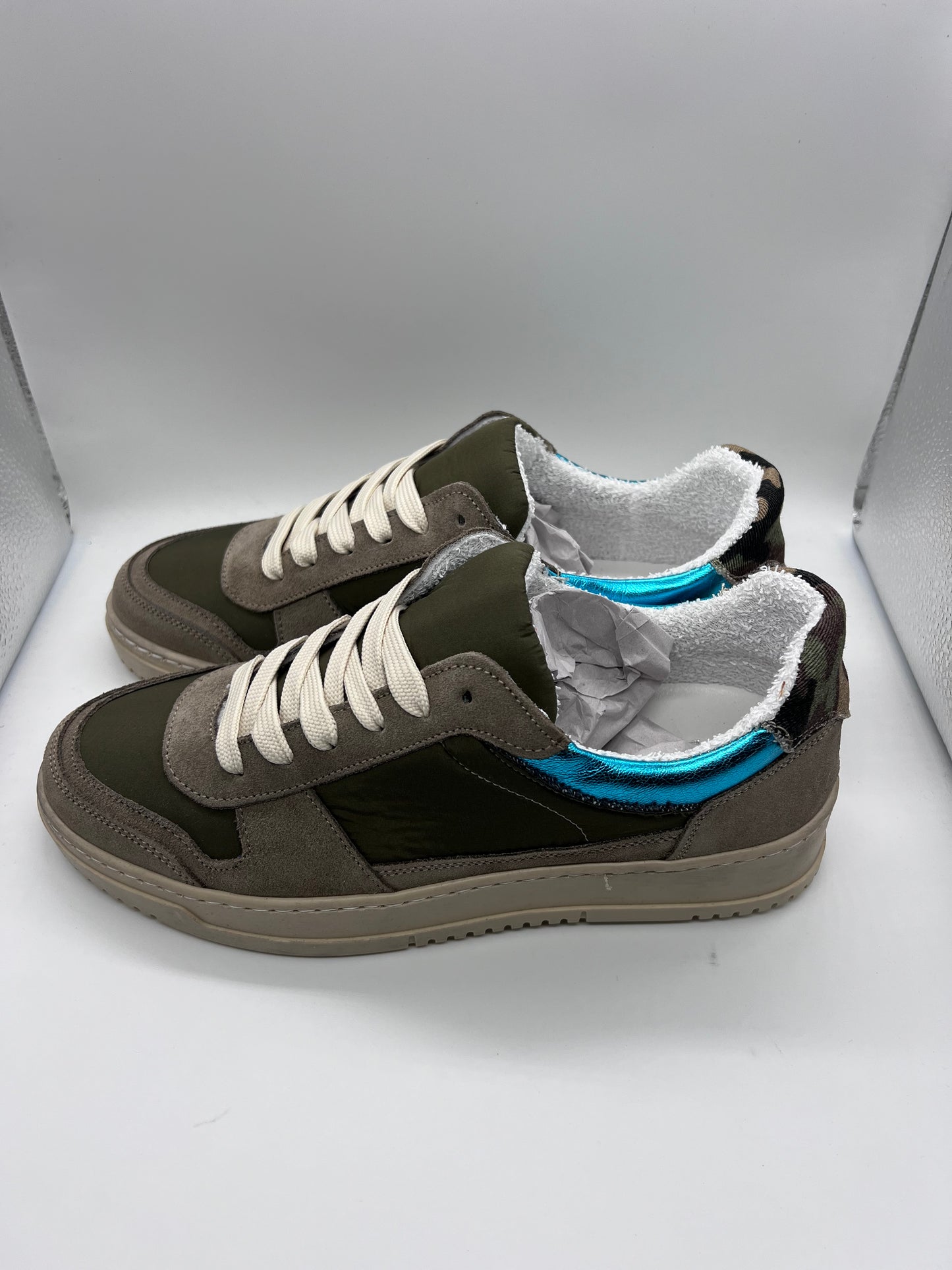 GREEN SUEDE AND NYLON SNEAKER WITH CAMOUFLAGE CAP