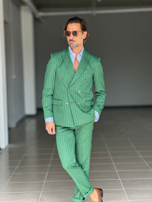 GREEN PINSTRIPE DOUBLE-BREASTED VISCOSE SUIT