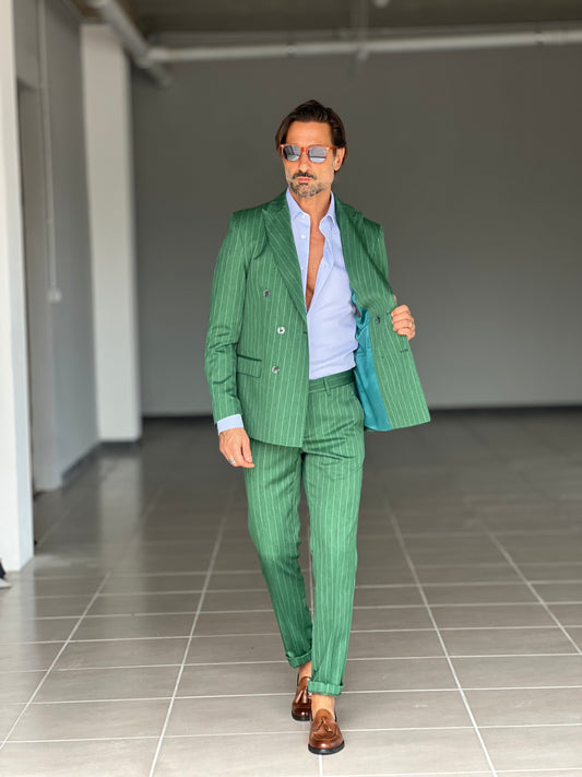 GREEN PINSTRIPE DOUBLE-BREASTED VISCOSE SUIT